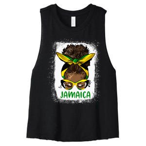 Afro Messy Bun Jamaica Flag Jamaican Girl Black Woman Women's Racerback Cropped Tank