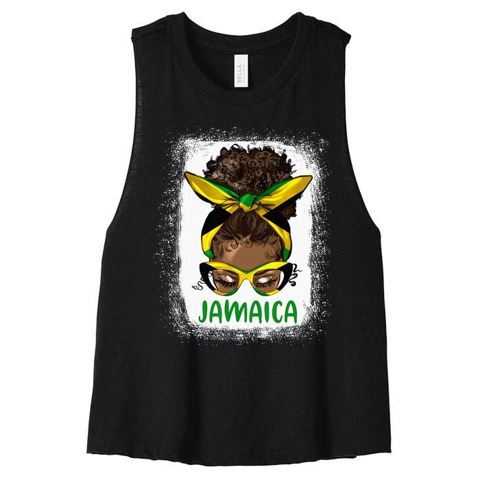 Afro Messy Bun Jamaica Flag Jamaican Girl Black Woman Women's Racerback Cropped Tank