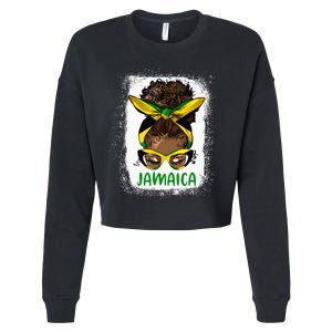 Afro Messy Bun Jamaica Flag Jamaican Girl Black Woman Cropped Pullover Crew