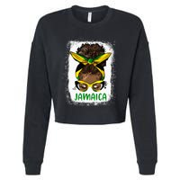 Afro Messy Bun Jamaica Flag Jamaican Girl Black Woman Cropped Pullover Crew