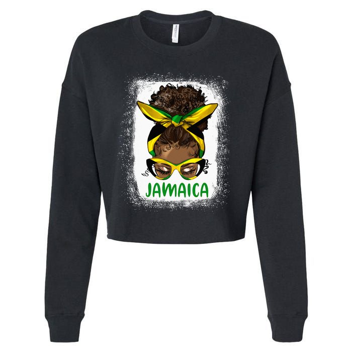 Afro Messy Bun Jamaica Flag Jamaican Girl Black Woman Cropped Pullover Crew