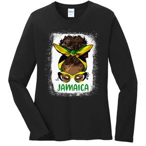 Afro Messy Bun Jamaica Flag Jamaican Girl Black Woman Ladies Long Sleeve Shirt