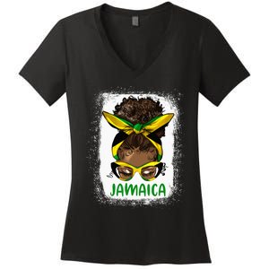 Afro Messy Bun Jamaica Flag Jamaican Girl Black Woman Women's V-Neck T-Shirt