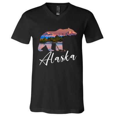 Alaskan Mountains Bear Grizzly Alaska State Souvenirs V-Neck T-Shirt