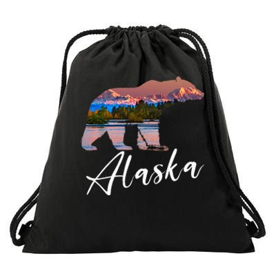 Alaskan Mountains Bear Grizzly Alaska State Souvenirs Drawstring Bag