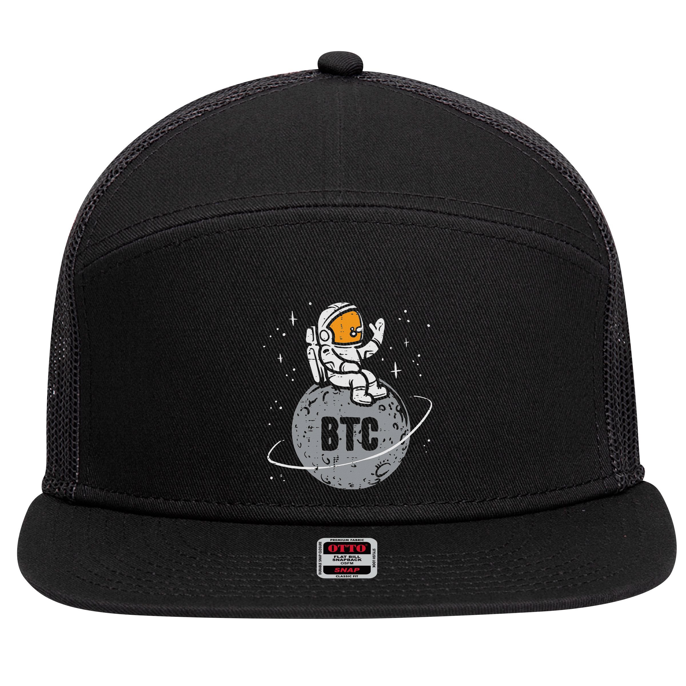 Astronaut Moon Btc Bitcoin Crypto Cryptocurrency 7 Panel Mesh Trucker Snapback Hat