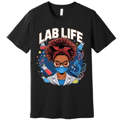 Afro Messy Bun Laboratory Life Lab Week 2025 Lab Technician Premium T-Shirt