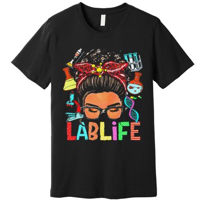 Afro Messy Bun Laboratory Life Lab Week 2025 Lab Technician Premium T-Shirt