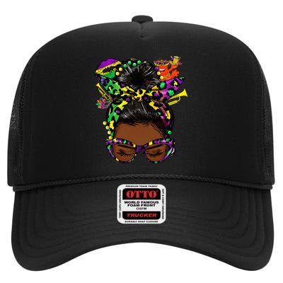 Afro Messy Bun Happy Mardi Gras Black Women Carnival High Crown Mesh Back Trucker Hat