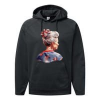 American Messy Bun Old Lady USA Flag Watercolor Performance Fleece Hoodie