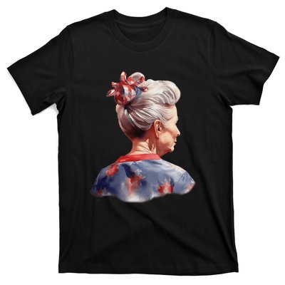 American Messy Bun Old Lady USA Flag Watercolor T-Shirt