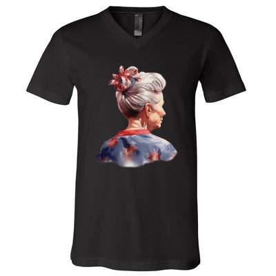 American Messy Bun Old Lady USA Flag Watercolor V-Neck T-Shirt