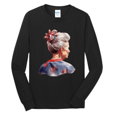 American Messy Bun Old Lady USA Flag Watercolor Tall Long Sleeve T-Shirt