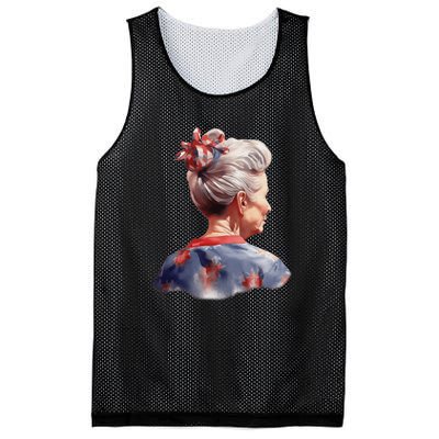 American Messy Bun Old Lady USA Flag Watercolor Mesh Reversible Basketball Jersey Tank