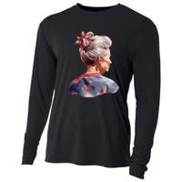 American Messy Bun Old Lady USA Flag Watercolor Cooling Performance Long Sleeve Crew