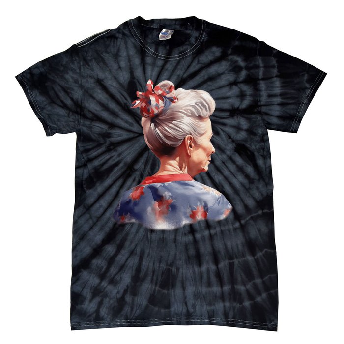 American Messy Bun Old Lady USA Flag Watercolor Tie-Dye T-Shirt