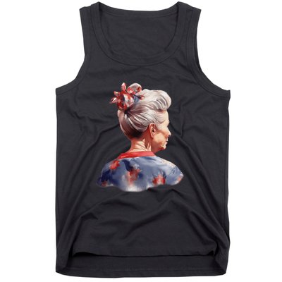 American Messy Bun Old Lady USA Flag Watercolor Tank Top