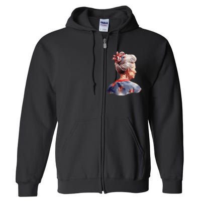 American Messy Bun Old Lady USA Flag Watercolor Full Zip Hoodie