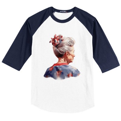 American Messy Bun Old Lady USA Flag Watercolor Baseball Sleeve Shirt