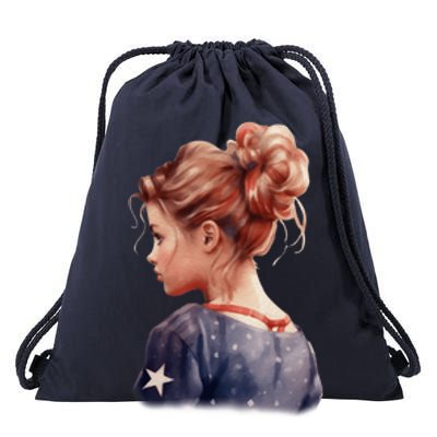 American Messy Bun Girl USA Flag Watercolor Drawstring Bag