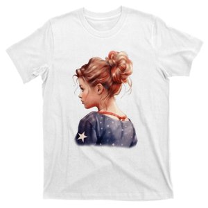 American Messy Bun Girl USA Flag Watercolor T-Shirt