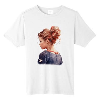 American Messy Bun Girl USA Flag Watercolor Tall Fusion ChromaSoft Performance T-Shirt