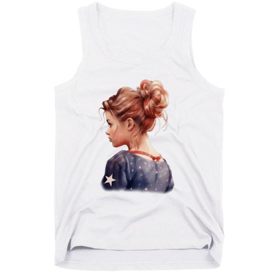 American Messy Bun Girl USA Flag Watercolor Tank Top