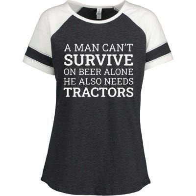 A Man Can’T Survive On Beer Alone He Also Needs Tractors Enza Ladies Jersey Colorblock Tee