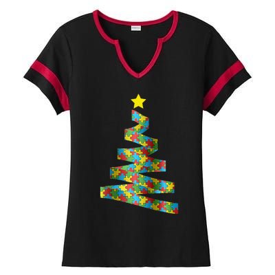 Autism Merry Christmas Autism Awareness Puzzel Xmas Pajama Ladies Halftime Notch Neck Tee