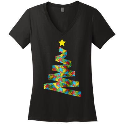 Autism Merry Christmas Autism Awareness Puzzel Xmas Pajama Women's V-Neck T-Shirt