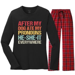 After My Dog Ate My Pronouns HeSheIt Everywhere Funny Dog Women's Long Sleeve Flannel Pajama Set 