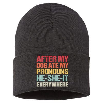 After My Dog Ate My Pronouns HeSheIt Everywhere Funny Dog Sustainable Knit Beanie