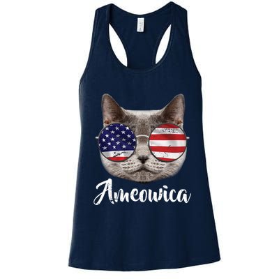 Ameowica America USA Cat Sunglasses Flag Womens Tank Top