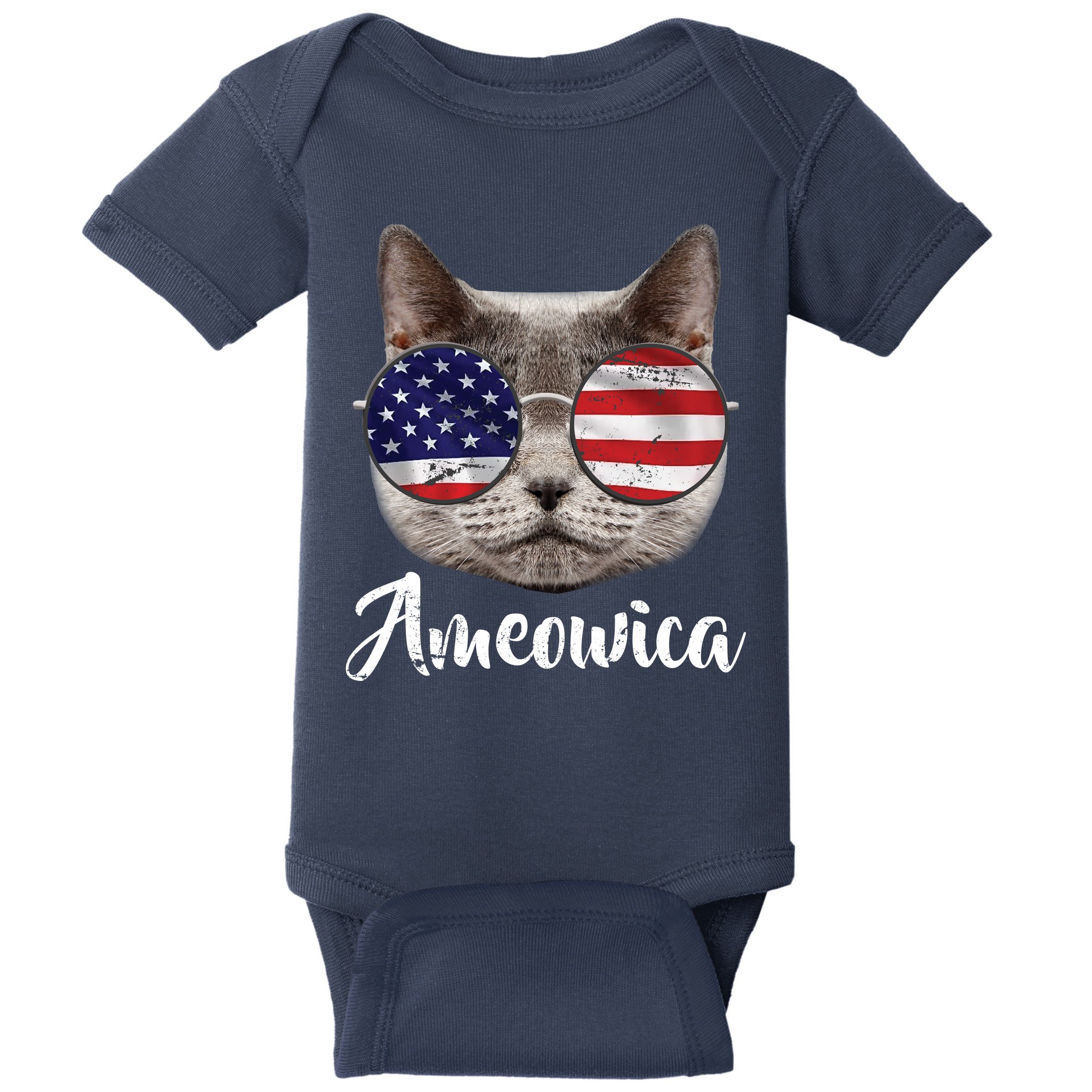 Ameowica America USA Cat Sunglasses Flag Baby Bodysuit