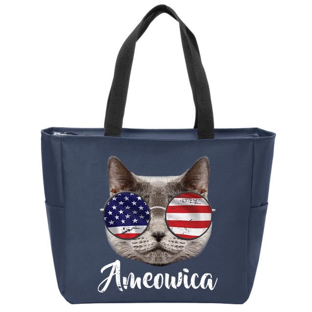 Ameowica America USA Cat Sunglasses Flag Zip Tote Bag