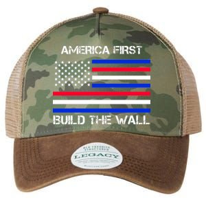 America First Build The Wall Flag Legacy Tie Dye Trucker Hat