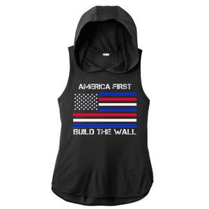 America First Build The Wall Flag Ladies PosiCharge Tri-Blend Wicking Draft Hoodie Tank