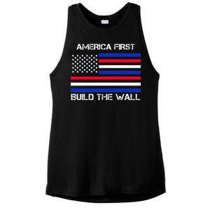 America First Build The Wall Flag Ladies PosiCharge Tri-Blend Wicking Tank