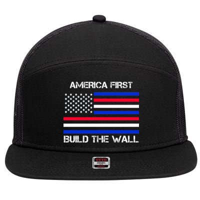 America First Build The Wall Flag 7 Panel Mesh Trucker Snapback Hat