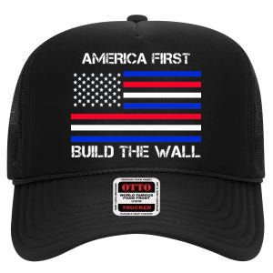 America First Build The Wall Flag High Crown Mesh Back Trucker Hat