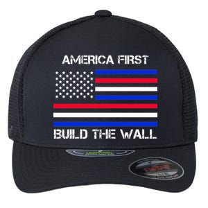 America First Build The Wall Flag Flexfit Unipanel Trucker Cap