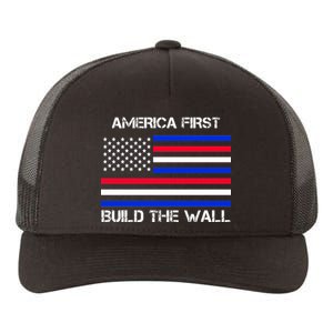 America First Build The Wall Flag Yupoong Adult 5-Panel Trucker Hat