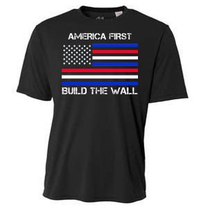 America First Build The Wall Flag Cooling Performance Crew T-Shirt