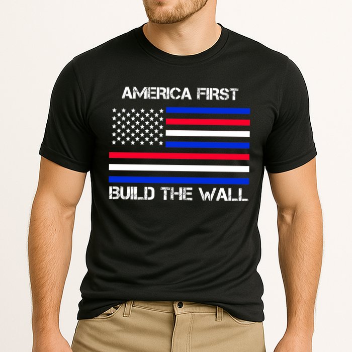 America First Build The Wall Flag Cooling Performance Crew T-Shirt