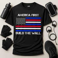 America First Build The Wall Flag Cooling Performance Crew T-Shirt