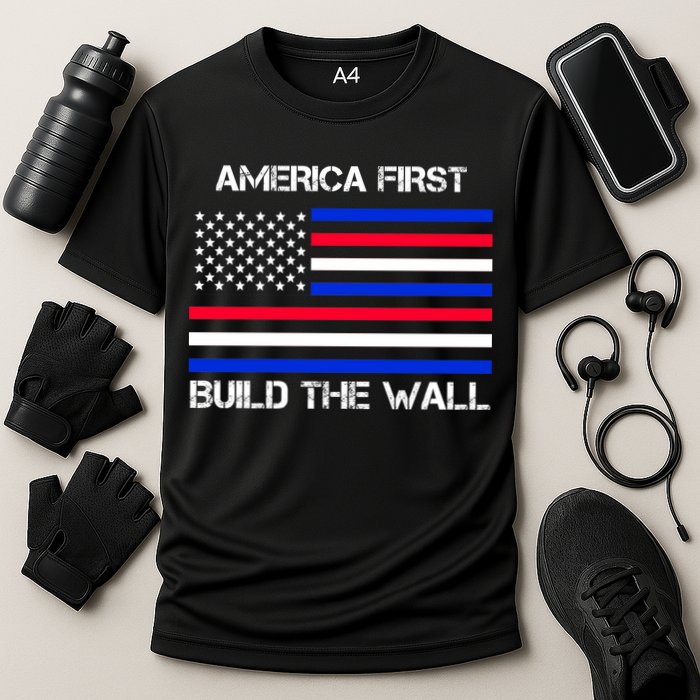 America First Build The Wall Flag Cooling Performance Crew T-Shirt