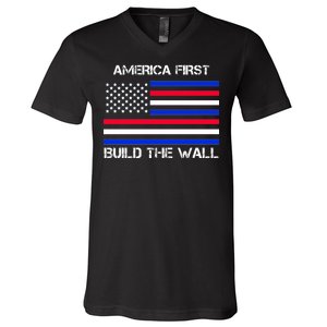 America First Build The Wall Flag V-Neck T-Shirt