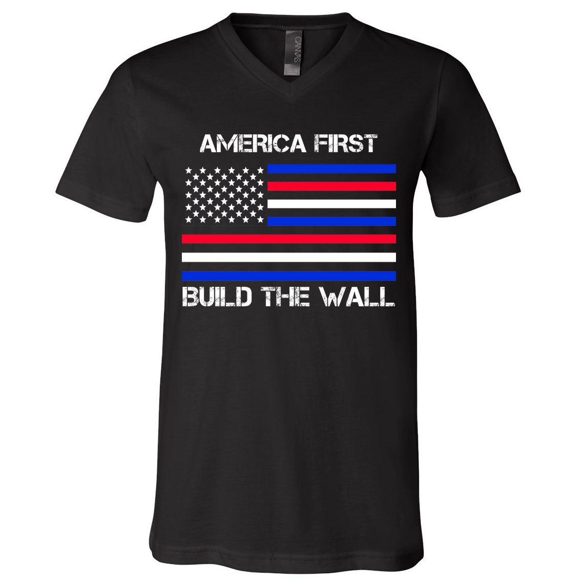 America First Build The Wall Flag V-Neck T-Shirt