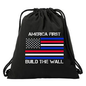 America First Build The Wall Flag Drawstring Bag