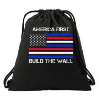 America First Build The Wall Flag Drawstring Bag